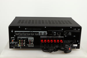 Rear view of a used Sony STR-DN1080 AV Receiver in a black finish showing Phono Inputs, Phono Outputs, Optical Inputs, HDMI Outputs, HDMI Inputs, USB Input and Network Input