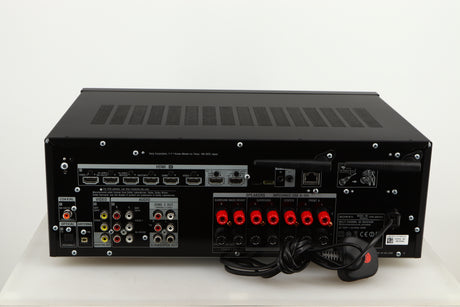 Rear view of a used Sony STR-DN1080 AV Receiver in a black finish showing Phono Inputs, Phono Outputs, Optical Inputs, HDMI Outputs, HDMI Inputs, USB Input and Network Input