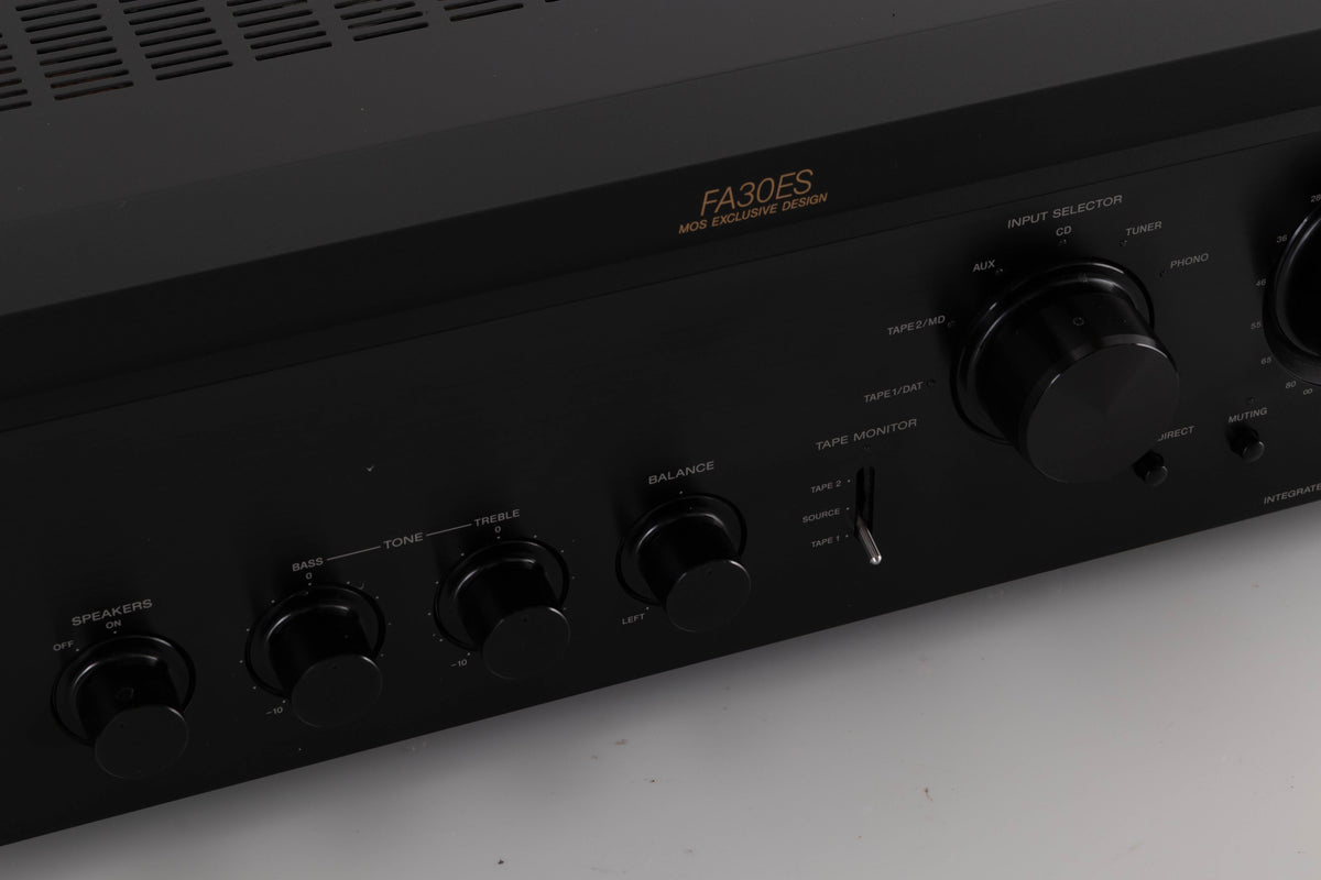 Close up of a used Sony TA-FA30ES Integrated Amplifier in a Black finish showing fascia
