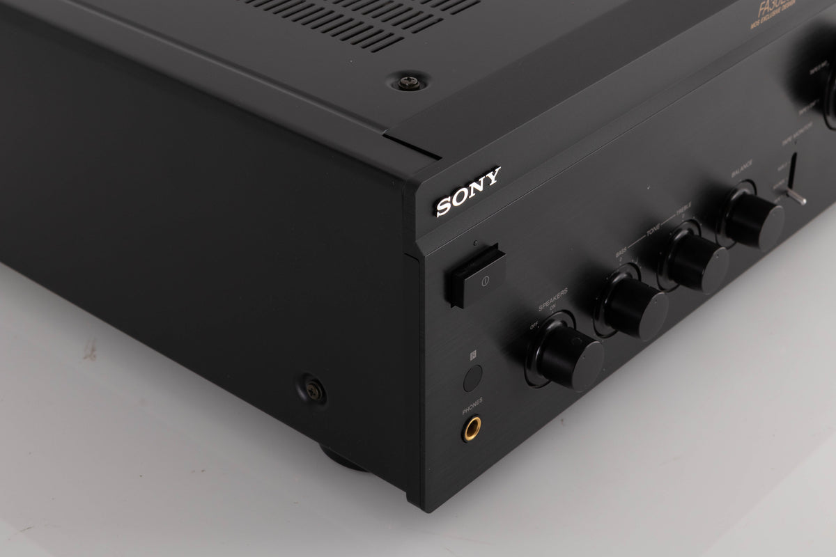Front left corner of a used Sony TA-FA30ES Integrated Amplifier in a Black finish