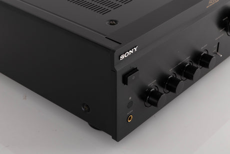 Front left corner of a used Sony TA-FA30ES Integrated Amplifier in a Black finish