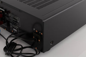 Rear left corner of a used Sony TA-FA30ES Integrated Amplifier in a Black finish