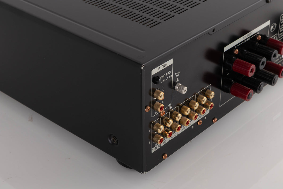 Rear right corner of a used Sony TA-FA30ES Integrated Amplifier in a Black finish