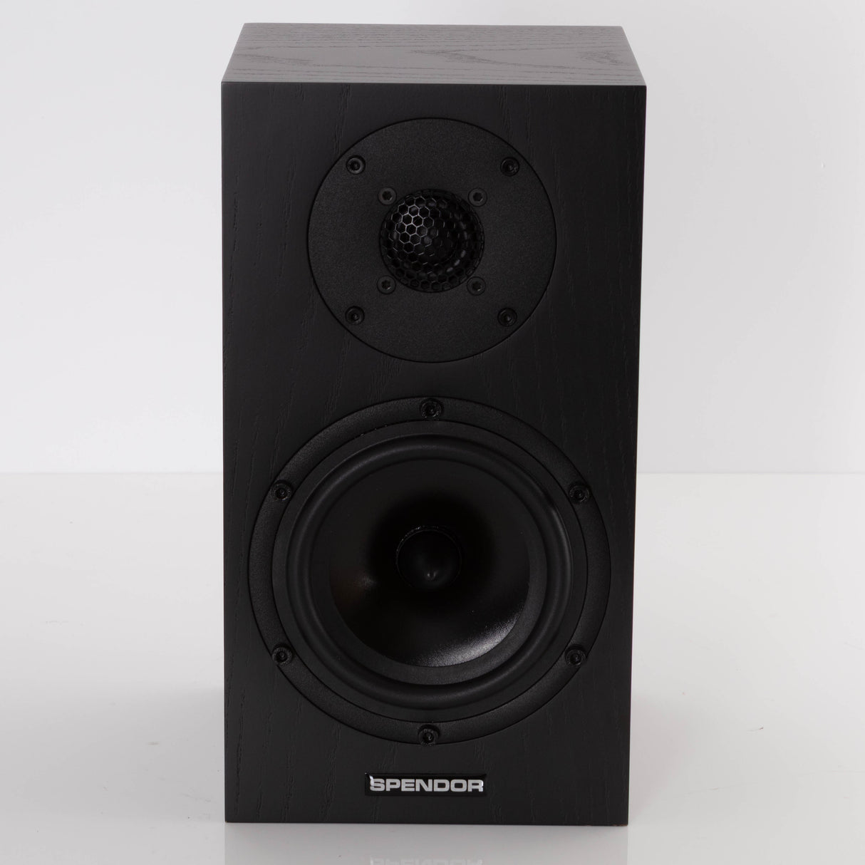Front view of a used Spendor A1.2 Standmount Speaker in a Black Oak finish