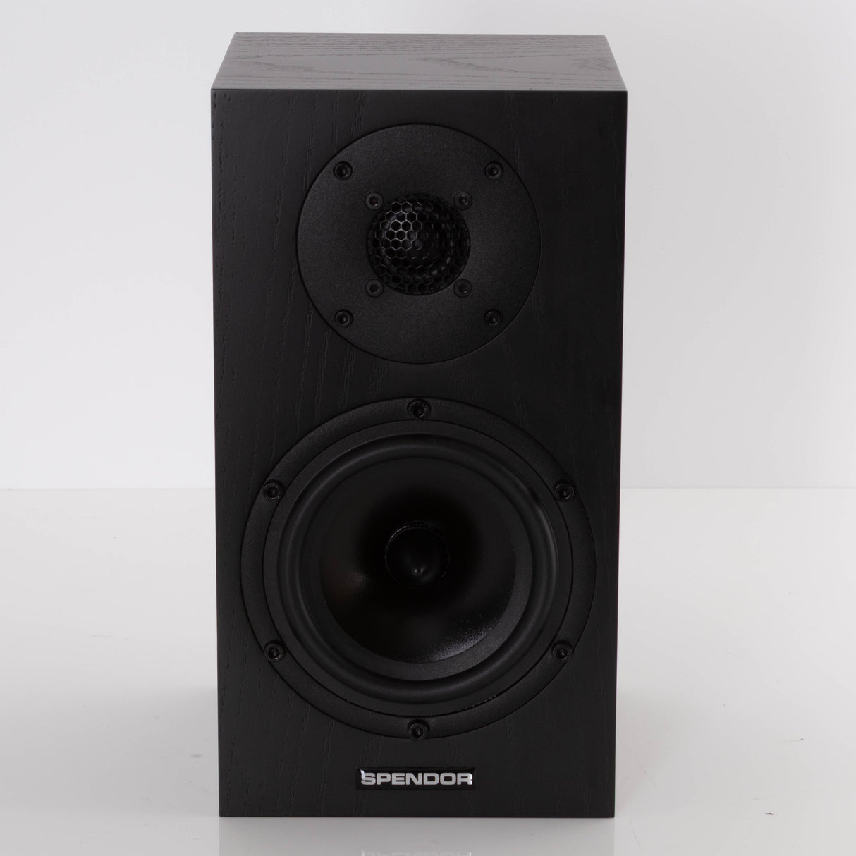 Front view of a used Spendor A1.2 Standmount Speaker in a Black Oak finish
