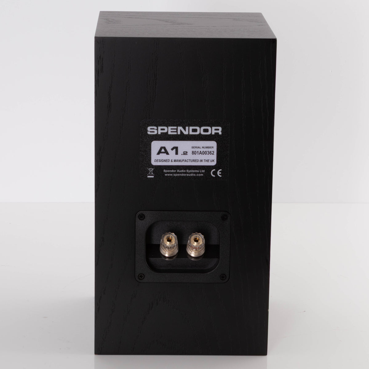 Rear view of a used Spendor A1.2 Standmount Speaker in a Black Oak finish