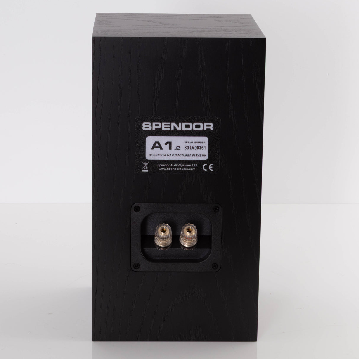 Rear view of a used Spendor A1.2 Standmount Speaker in a Black Oak finish