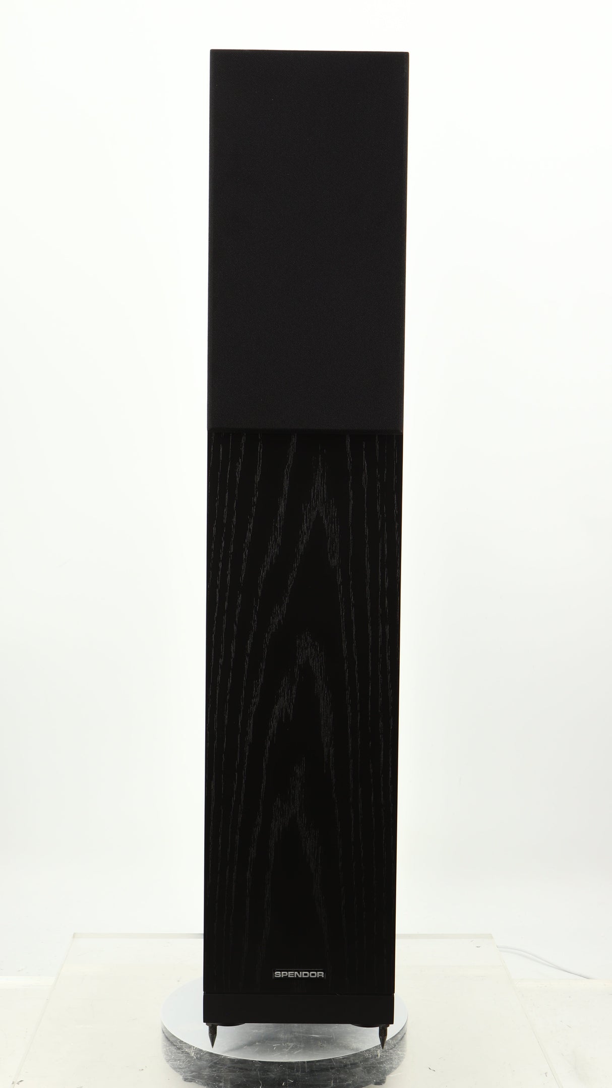 Front view of a used Spendor A7 Floorstanding Speaker in a black oak finish showing Grille