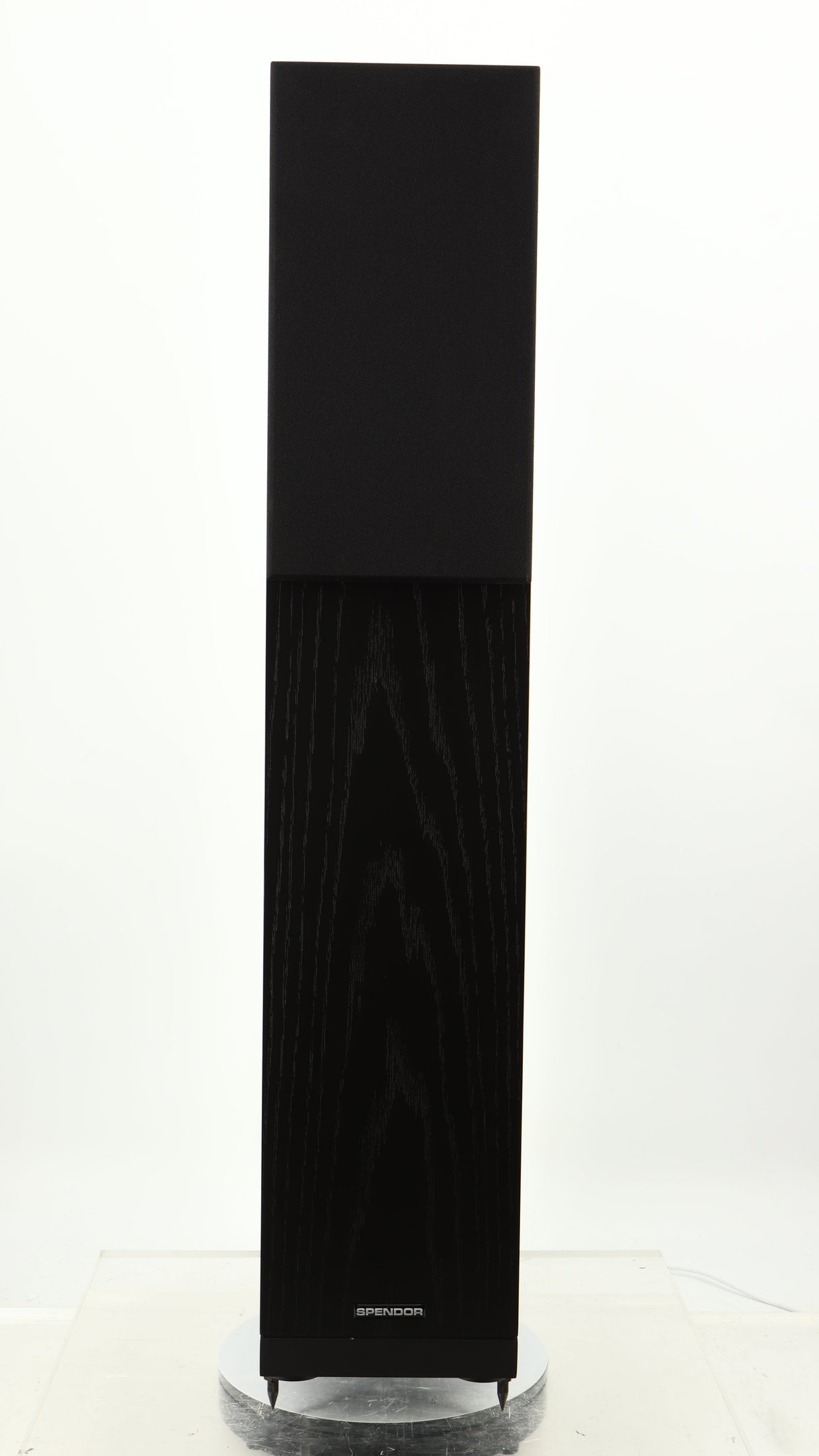 Front view of a used Spendor A7 Floorstanding Speaker in a black oak finish showing Grille