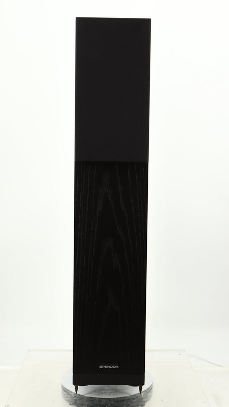 Front view of a used Spendor A7 Floorstanding Speaker in a black oak finish showing Grille