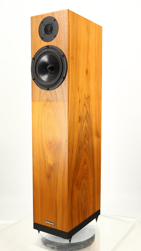 Front right corner of a used Spendor A7 Floorstanding Speaker in a walnut finish