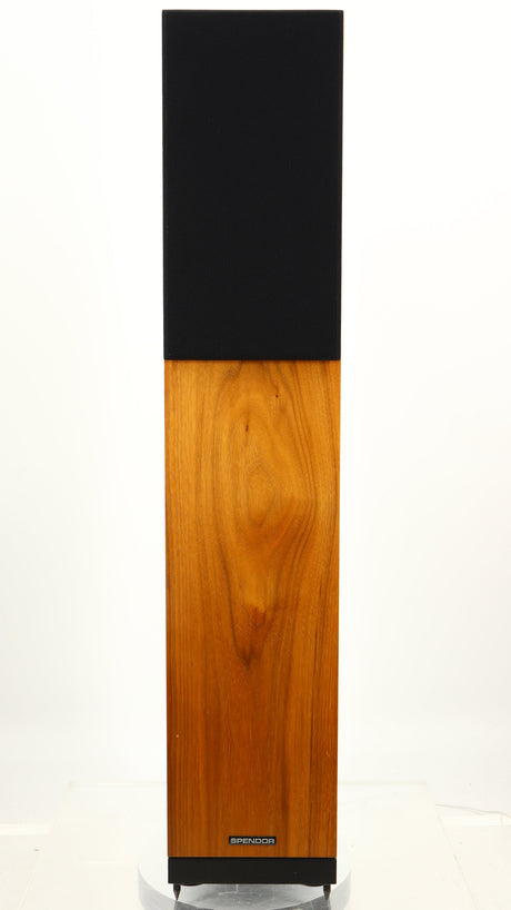 Front view of a used Spendor A7 Floorstanding Speaker in a walnut finish showing Grille
