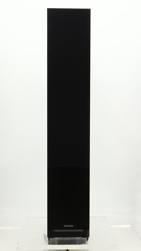 Front view of a used Spendor D9.2 Floorstanding Speaker in a black oak finish showing the grille