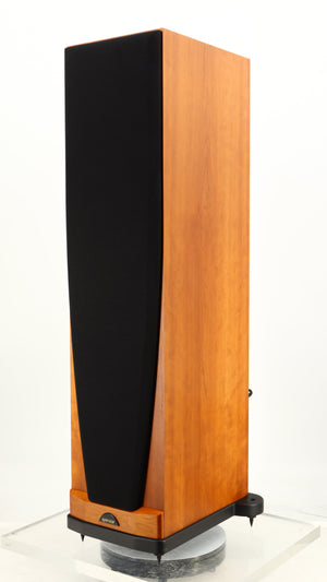 Front right corner of a used Spendor S8e Floorstanding Speaker in a cherry finish