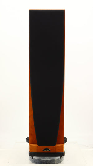 Front view of a used Spendor S8e Floorstanding Speaker in a cherry finish showing Grille