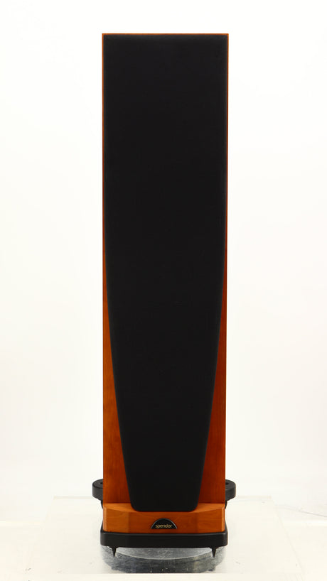 Front view of a used Spendor S8e Floorstanding Speaker in a cherry finish showing Grille