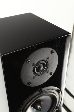 Close up view of a used Spendor SA1 Standmount Speaker in Gloss Black with Stand