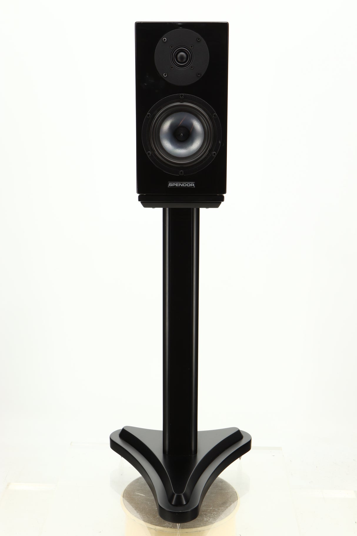 Front view of a used Spendor SA1 Standmount Speaker in Gloss Black with Stand