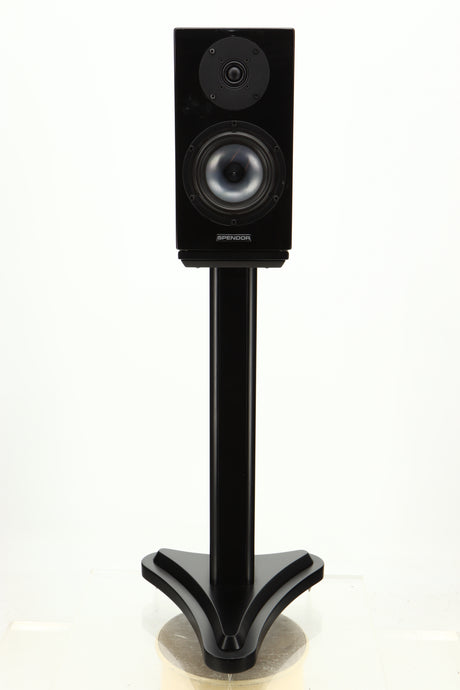 Front view of a used Spendor SA1 Standmount Speaker in Gloss Black with Stand