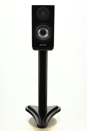 Front view of a used Spendor SA1 Standmount Speaker in Gloss Black with Stand