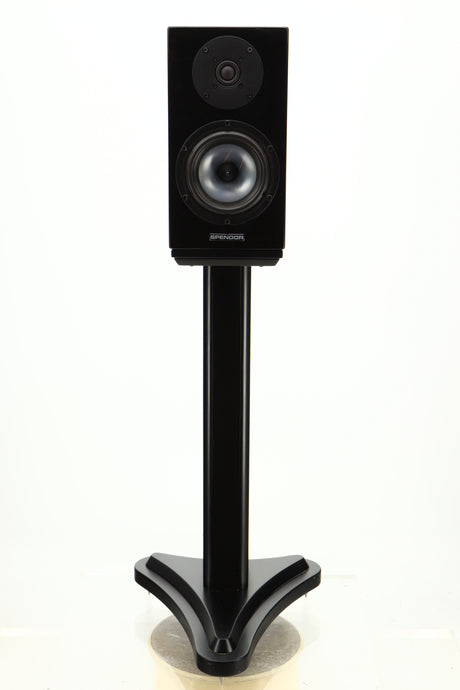 Front view of a used Spendor SA1 Standmount Speaker in Gloss Black with Stand