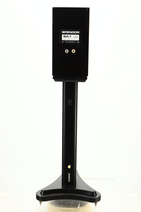 Rear view of a used Spendor SA1 Standmount Speaker in Gloss Black with Stand