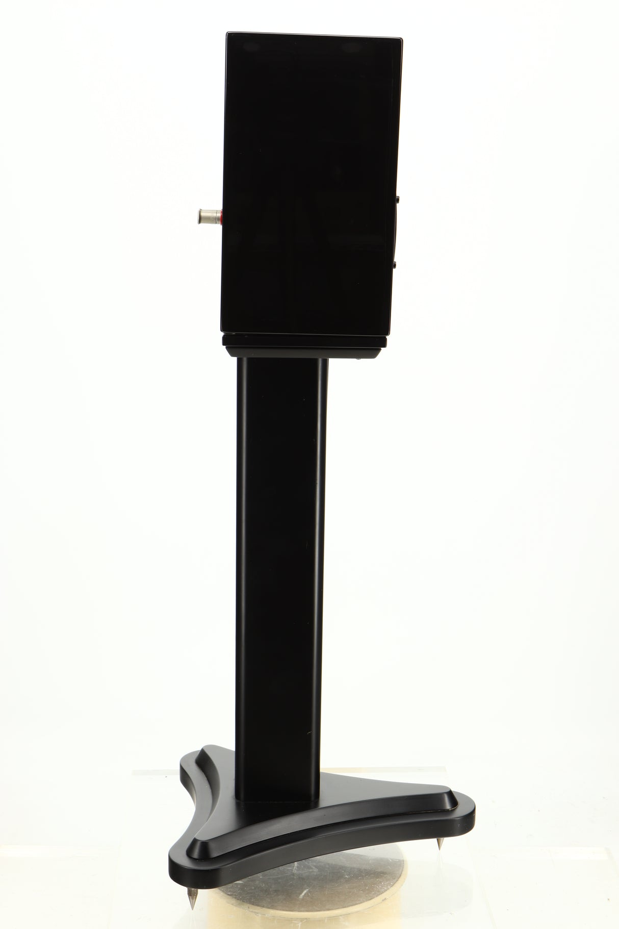 Side view of a used Spendor SA1 Standmount Speaker in Gloss Black with Stand