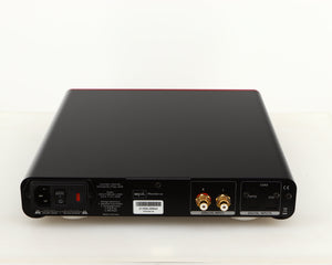 Rear view of a used SPL Phonitor SE Headphone Amplifier in a red finish showing Mains Cable and Phono Inputs