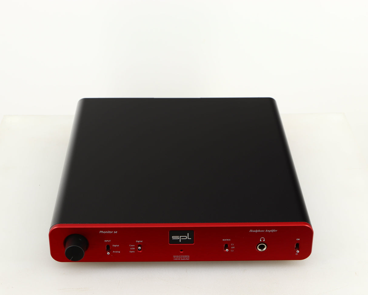 Top of a used SPL Phonitor SE Headphone Amplifier in a red finish