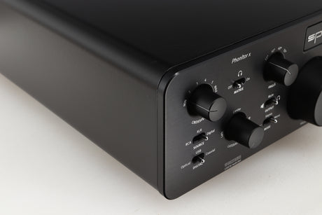 Front left corner of a used SPL Phonitor X Headphone Amplifier & Pre Amplifier W/ DAC in a black finish