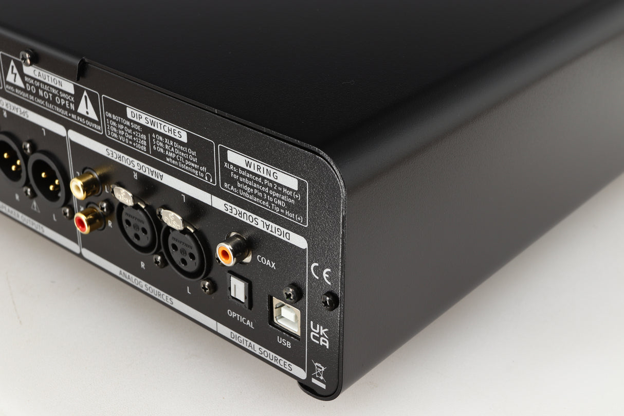 Rear left corner of a used SPL Phonitor X Headphone Amplifier & Pre Amplifier W/ DAC in a black finish