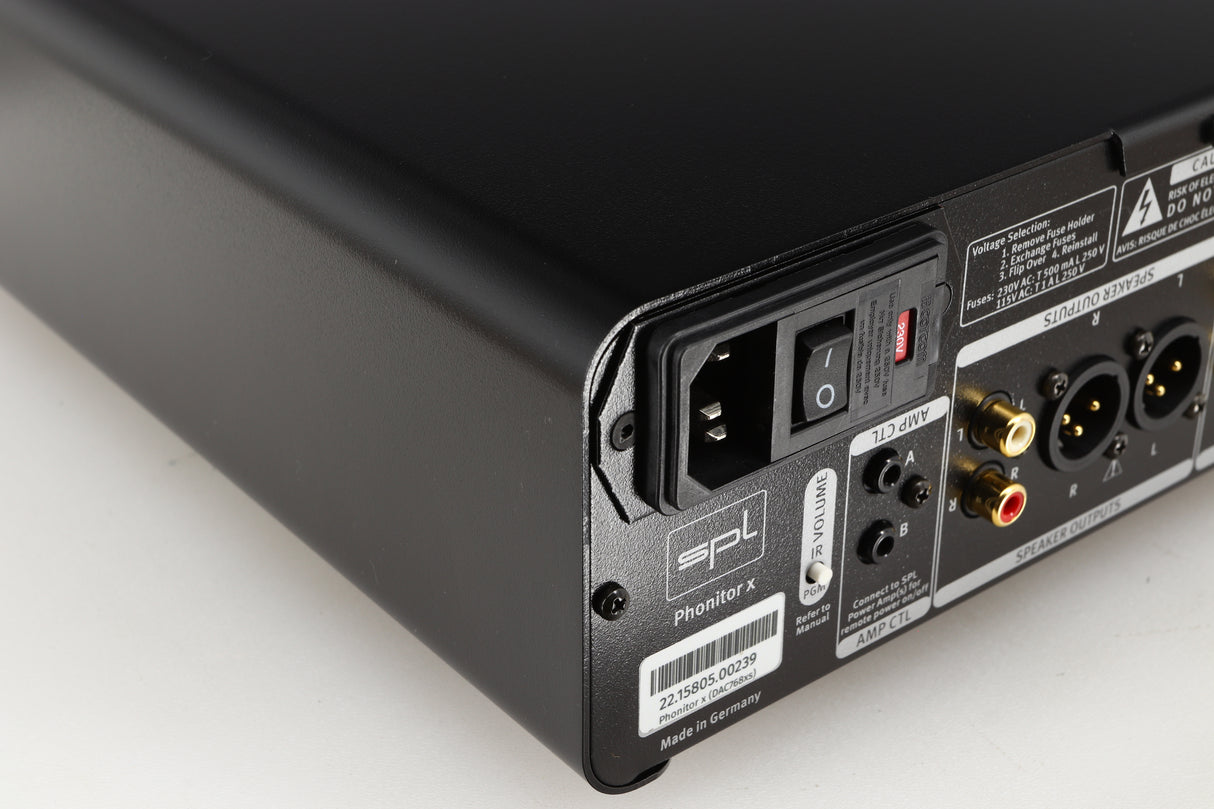 Rear right corner of a used SPL Phonitor X Headphone Amplifier & Pre Amplifier W/ DAC in a black finish