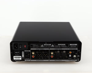 Rear view of a used SPL Phonitor X Headphone Amplifier & Pre Amplifier W/ DAC in a black finish showing Mains Input, Optical Input, Speaker Outputs and USB Input