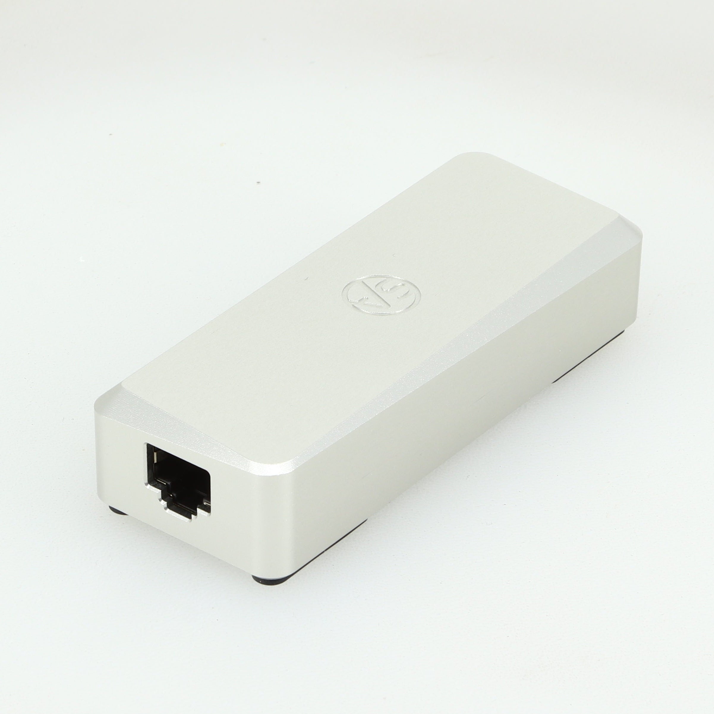 Rear right angle of a used Stack Audio SmoothLAN Network Filter in a silver finish