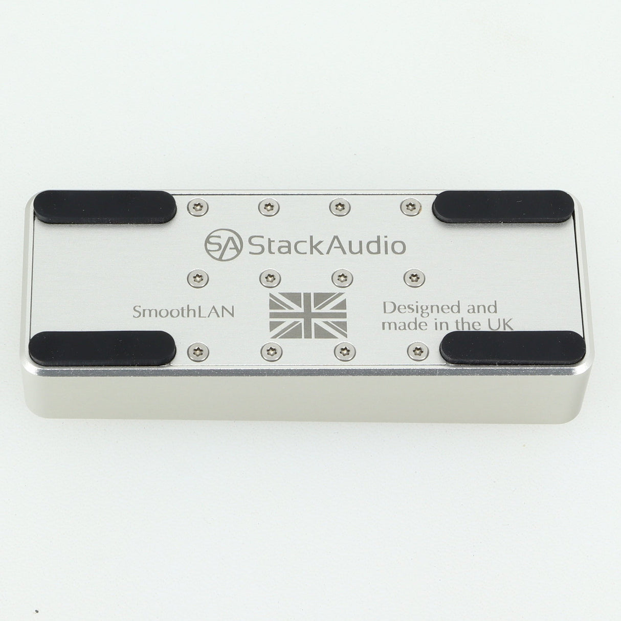 Underside of a used Stack Audio SmoothLAN Network Filter in a silver finish