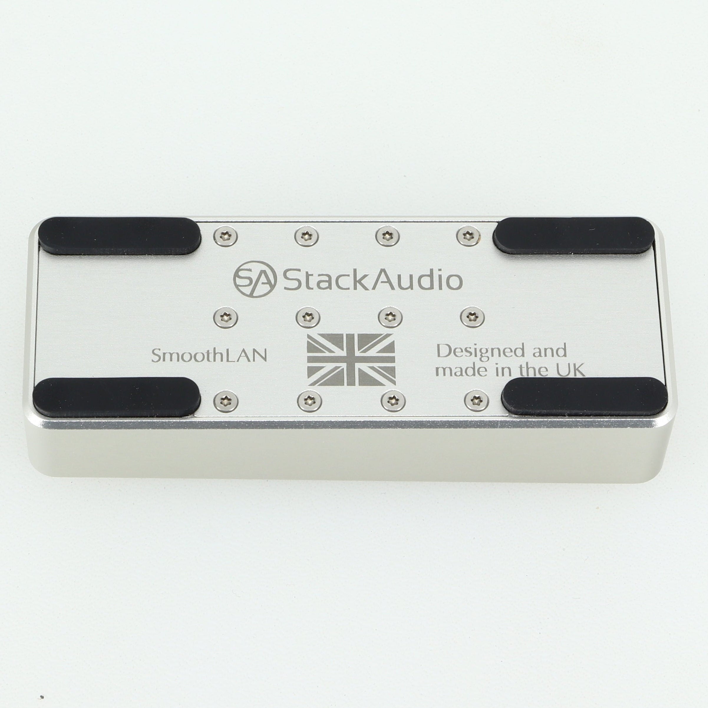 Underside of a used Stack Audio SmoothLAN Network Filter in a silver finish