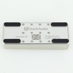 Underside of a used Stack Audio SmoothLAN Network Filter in a silver finish