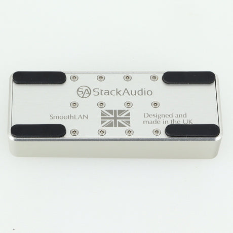 Underside of a used Stack Audio SmoothLAN Network Filter in a silver finish