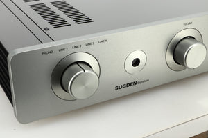 Close up view of a used Sugden A21 I-S Integrated Amplifier in Titanium finish showing the left side of the fascia