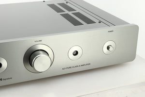 Close up view of a used Sugden A21 I-S Integrated Amplifier in Titanium finish showing the right side of the fascia