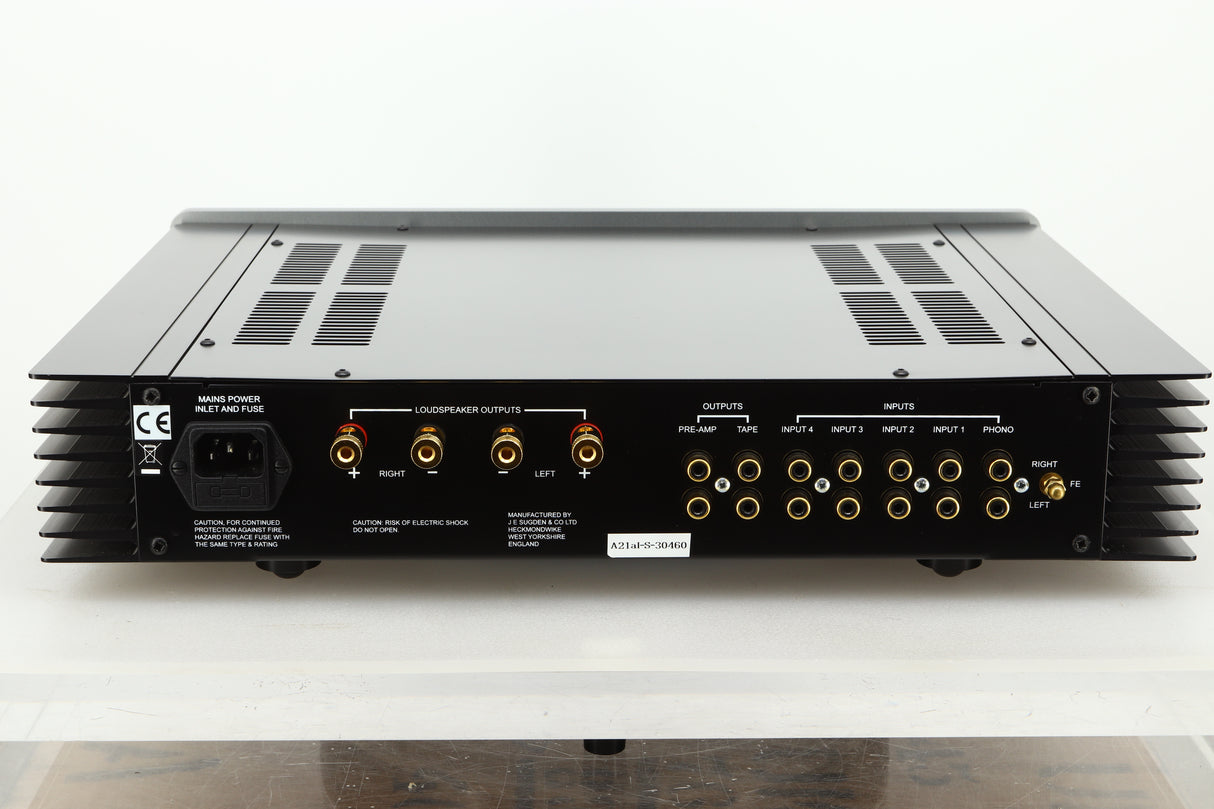 Rear view of a used Sugden A21 I-S Integrated Amplifier in Titanium finish showing speaker outputs, mains, and RCA inputs