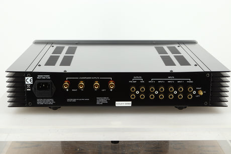 Rear view of a used Sugden A21 I-S Integrated Amplifier in Titanium finish showing speaker outputs, mains, and RCA inputs