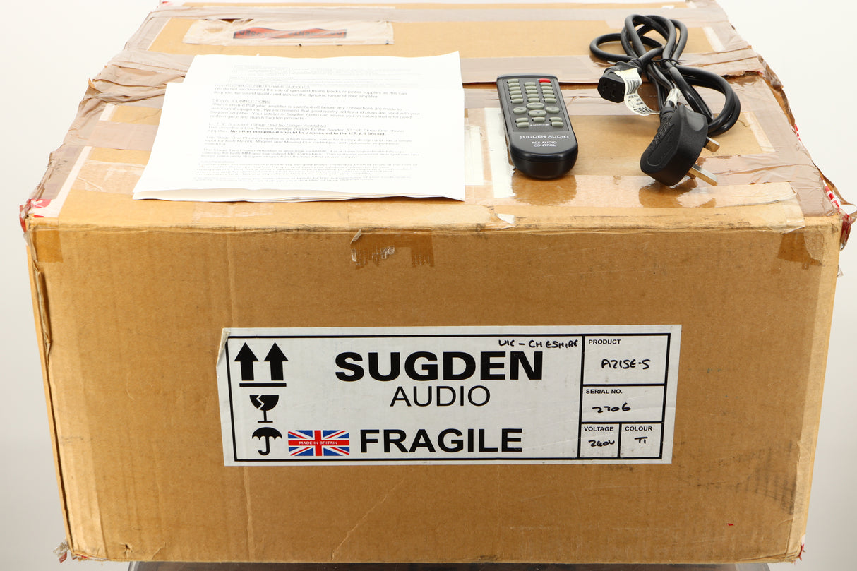 Box of a used Sugden A21 SE Signature Integrated Amplifier in Titanium finish