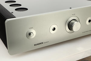 Close up view of a used Sugden A21 SE Signature Integrated Amplifier in Titanium finish