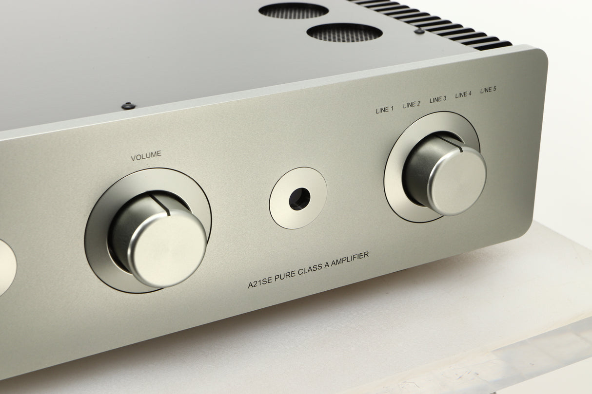 Close up view of a used Sugden A21 SE Signature Integrated Amplifier in Titanium finish