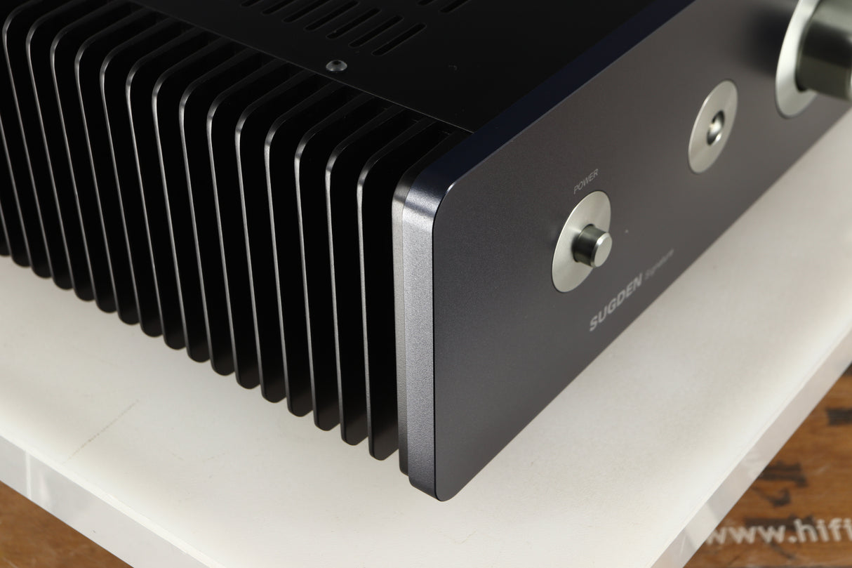 Front left corner of a used Sugden A21SE Signature Integrated Amplifier in a graphite finish