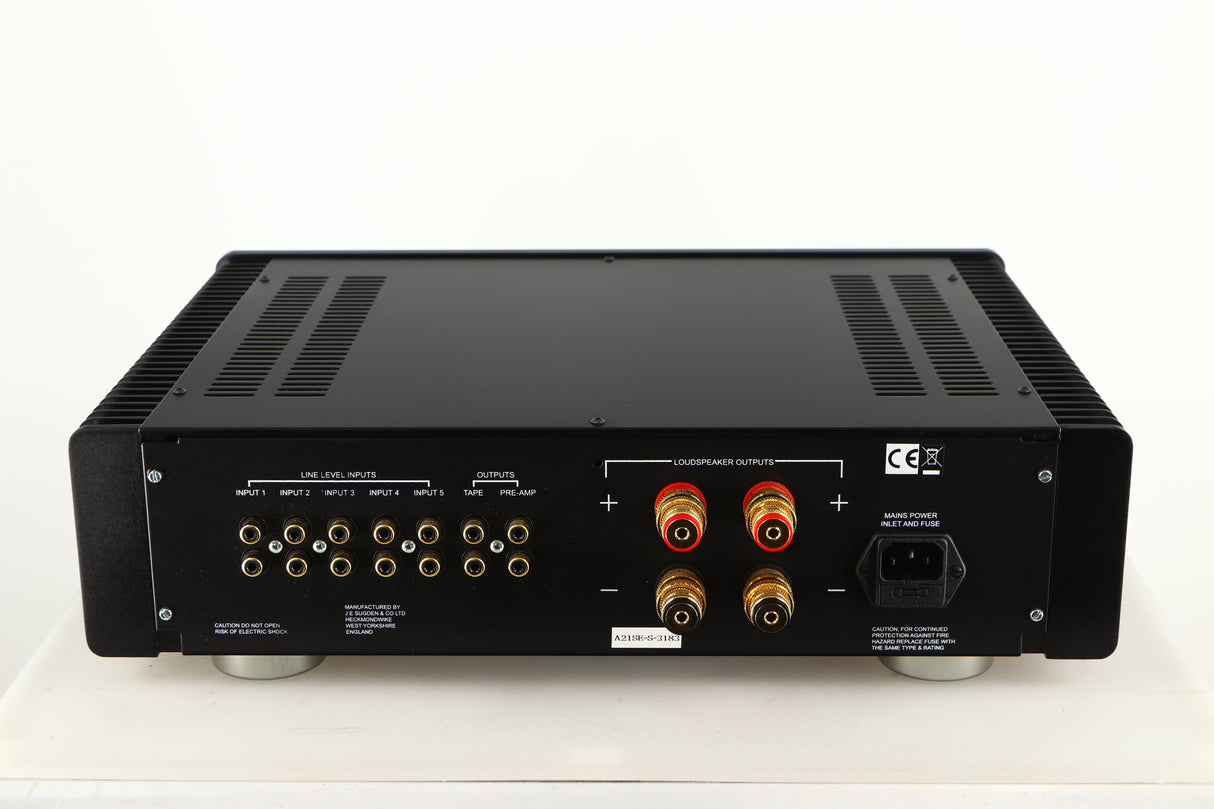 Rear view of a used Sugden A21SE Signature Integrated Amplifier in a graphite finish showing Phono Inputs, Phono Outputs, Speaker Outputs and Mains Input