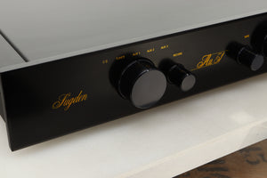 Close up view of a used Sugden AU-51 Pre Amplifier in Black finish