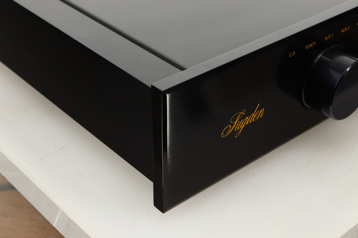 Front left corner view of a used Sugden AU-51 Pre Amplifier in Black finish