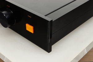 Front right corner view of a used Sugden AU-51 Pre Amplifier in Black finish